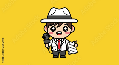 Cute Cartoon Reporter with Microphone and Notebook.