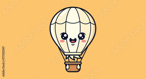 Cute Cartoon Hot Air Balloon with Kawaii Face and Basket.