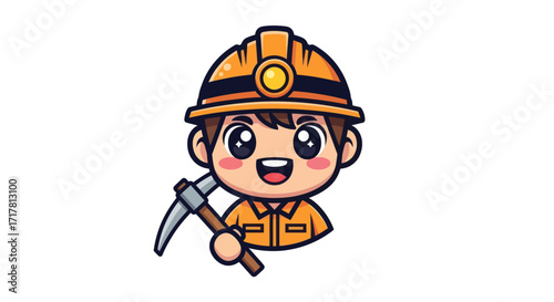 Cute Cartoon Miner Character with Pickaxe and Hard Hat.