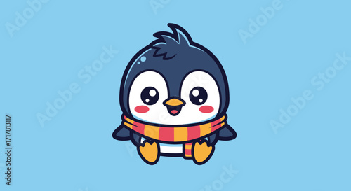 Cute cartoon penguin wearing a colorful scarf looking adorable and happy.