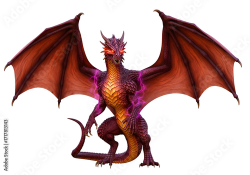 A magnificent, fiery dragon with outstretched wings, bathed in a vibrant, fiery red-orange hue, against a stark black background.