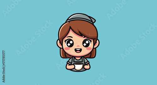 Cute barista girl holding coffee cup smiling wearing uniform and hat.