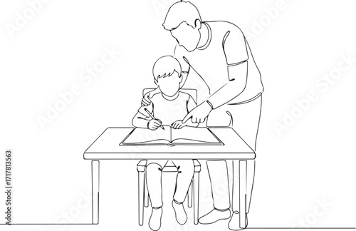 Minimal line art father helping child homework