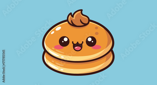 Cute cartoon pancake character with happy face and peanut butter topping illustration.