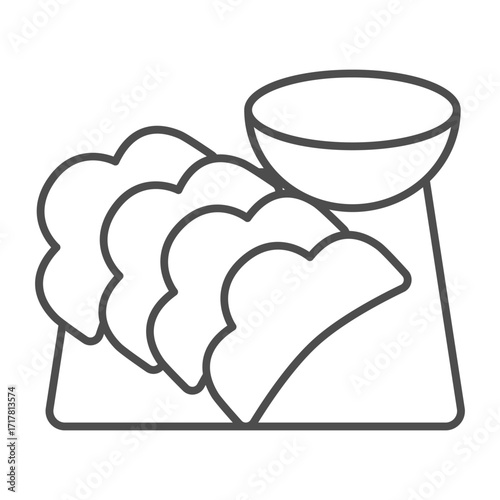 Tea cup and dumplings on board thin line icon, japanese food concept. Vector graphics. Ceramic plate with pastry, fastfood sign on white background, outline style icon for mobile or web design.