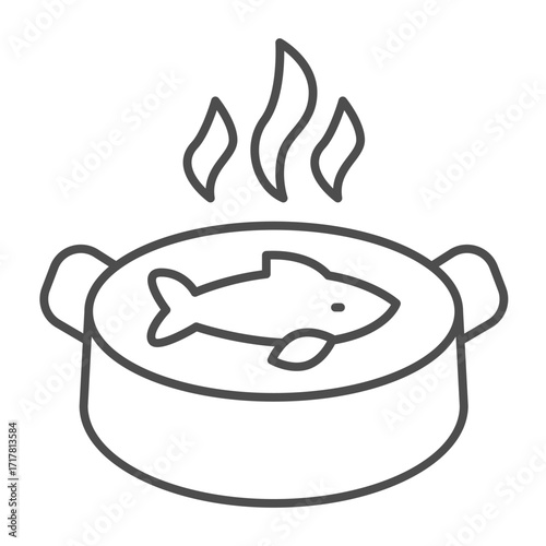 Pan of hot fish soup thin line icon, japanese food concept. Vector graphics. Fish soup, seafood sign on white background, outline style icon for mobile or web design.