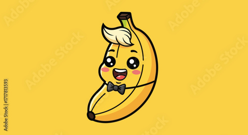 Cute cartoon banana character with blonde hair and a bowtie.