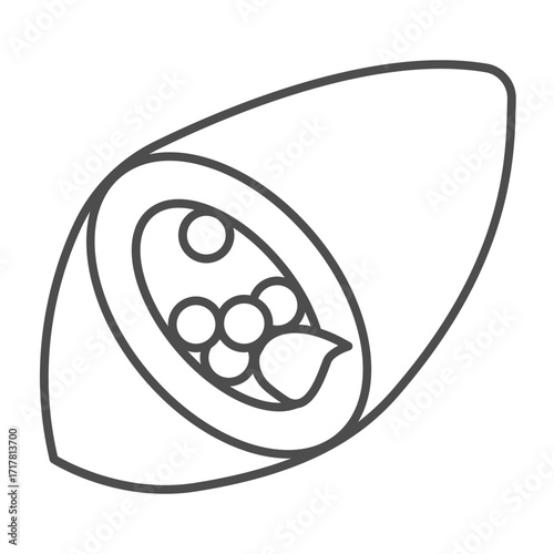 Roll of sushi thin line icon, japanese food concept. Vector graphics. Rice and fish fillet with ginger, seafood sign on white background, outline style icon for mobile or web design.