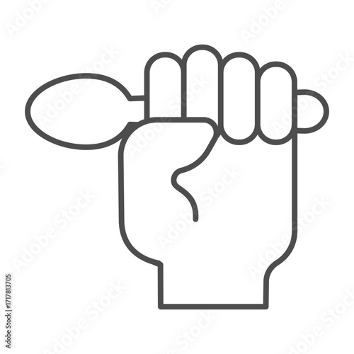 Spoon in hand thin line icon, cutlery concept. Vector graphics. Hand with metallic spoon sign on white background, outline style icon for mobile or web design.