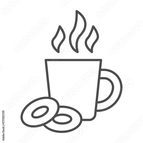 Cup of tea and two bagels thin line icon, beverages concept. Vector graphics. Cookies with herbal hot drink sign on white background, outline style icon for mobile or web design.