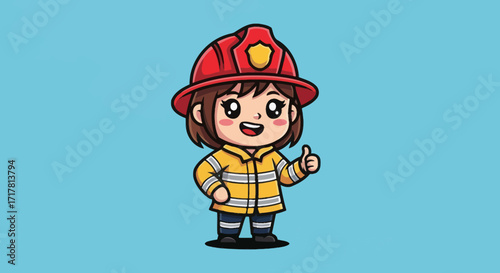 Cute cartoon firefighter girl giving a thumbs up.