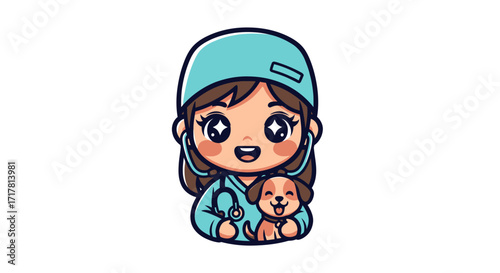 Cute cartoon veterinarian holding a puppy in her arms with stethoscope.
