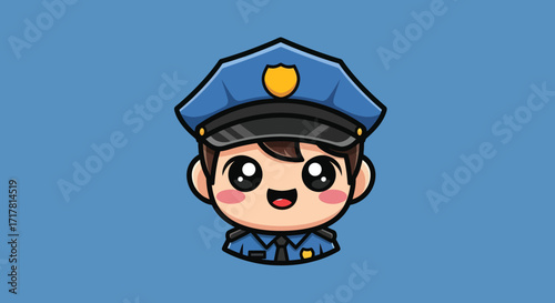 Cute cartoon police officer wearing a blue uniform and hat with a smile.
