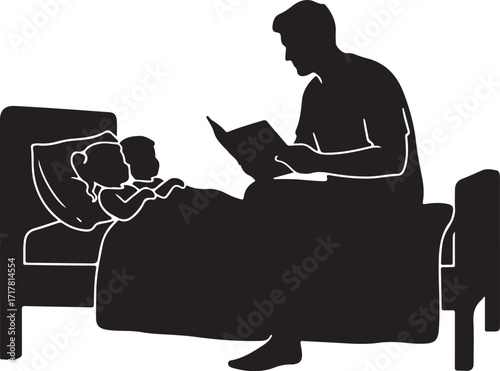 Solid black silhouette father reading bedtime story book