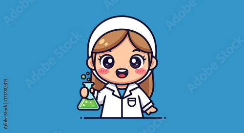 Cute female scientist character holding a chemical flask.