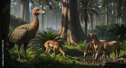 Eocene Epoch Scene with Gastornis Bird and Early Horses in Lush Prehistoric Forest
