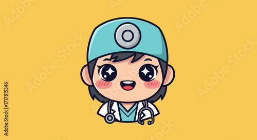 Cute cartoon doctor character illustration with stethoscope and scrub cap.