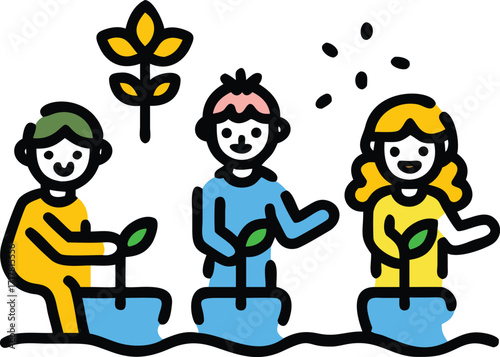 Three people tending to seedlings in pots gardening