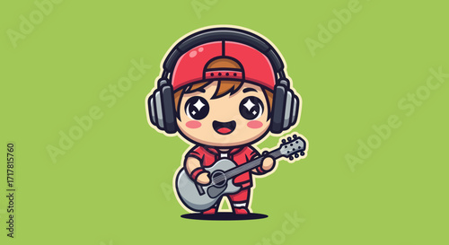 Cute Cartoon Boy Playing Guitar with Headphones and Red Cap.