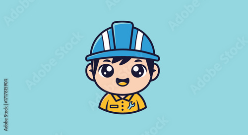 Cute cartoon boy character wearing a blue construction helmet.