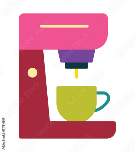 Colorful coffee machine making espresso. Modern flat design illustration for a cafe, coffee shop, or home kitchen appliance.