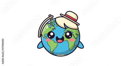 Cute cartoon Earth globe character with a happy face and hat.