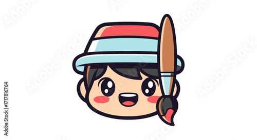 Happy Child Artist with Paintbrush and Hat.