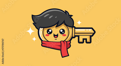 Key character with a scarf and a happy face smiling and shining.