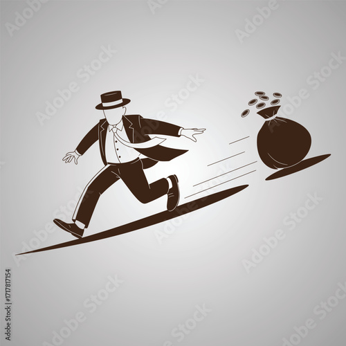 Man in suit and hat chasing a money bag with coins spilling out running