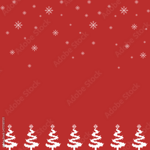 A charming Christmas pixel art pattern with falling snowflakes and a row of winter trees on a red background. Ideal for holiday backgrounds.
