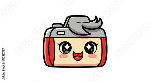 Cute cartoon camera character with happy expression.