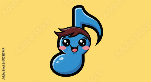 Cute Blue Musical Note Cartoon Character with Kawaii Eyes and Rosy Cheeks.