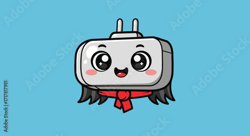 Cute cartoon electrical plug character with a red scarf and big eyes.