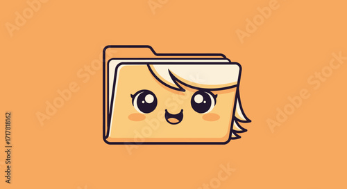 Cute cartoon folder with a smiling face and blonde hair on orange background.