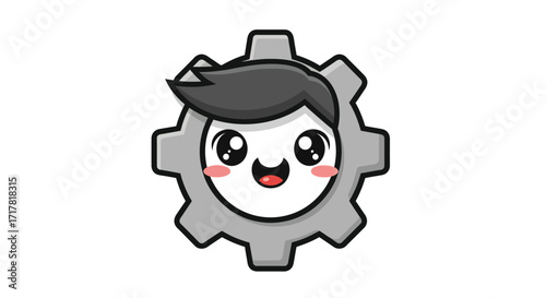 Cute Gear Mascot Character with Happy Expression and Modern Hairstyle.