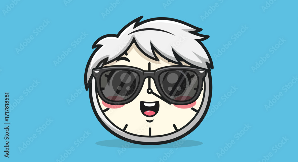 Obraz premium Cartoon clock with sunglasses happy expression focused on time management.