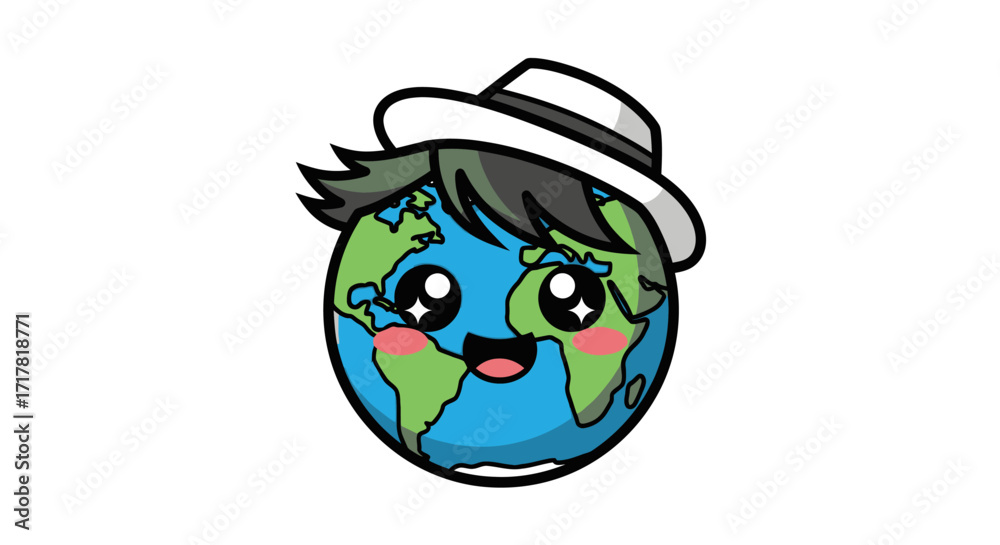 Obraz premium Cute cartoon planet Earth wearing a stylish hat.
