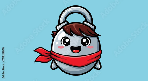 Cute Cartoon Padlock Character with Red Scarf.