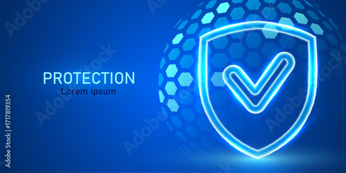 3D transparent sphere protection shield with neon glowing elements. Power energy barrier, force field, protection or defend concept.