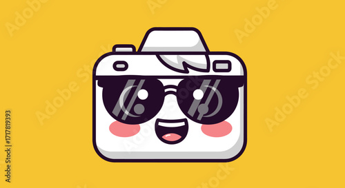 Cartoon Camera Character with Sunglasses and Happy Expression on Yellow Background.