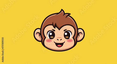 Cute cartoon monkey face smiling with joy and happiness on yellow background.