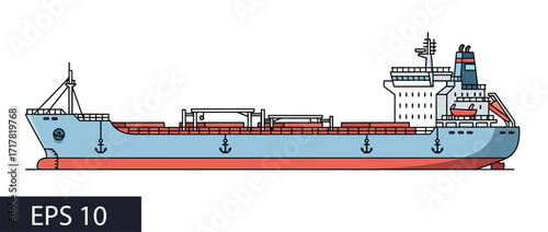 Flat illustration of a cargo ship conveying goods, logistics, and transportation on the sea for economic activity