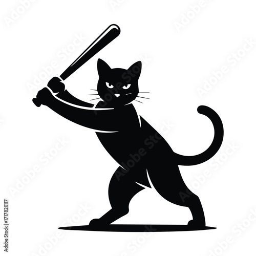 Playful black cat silhouette swinging a baseball bat with determination
