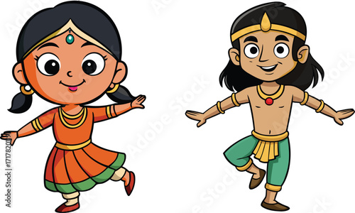 Cute Cartoon Indian Dance Couple Traditional Costume Vector Illustration