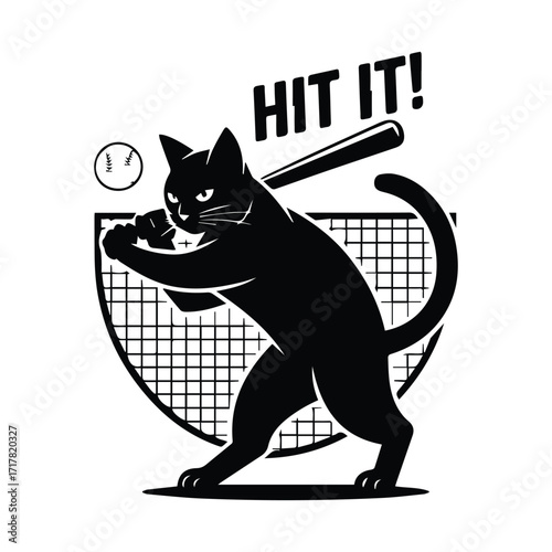 Black cat silhouette swinging a baseball bat with hit it text