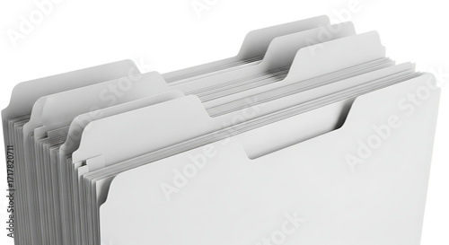 Closeup of a stack of white file folders with blank tabs, isolated on transparent background ideal for illustrating organization, paperwork, and office administration, showcasing a clean and efficient