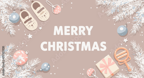 Merry Christmas greeting with baby shoes, gift, and festive decorations in pastel colors