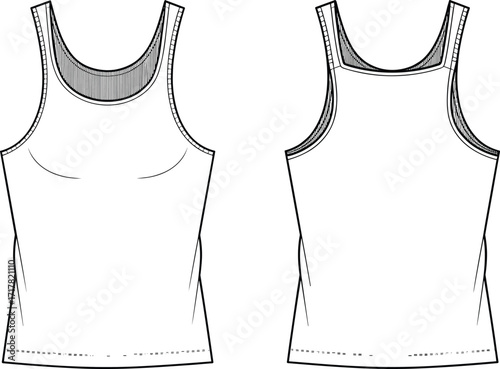 Women tank top template, front and back view, sleeveless shirt fashion mockup, blank apparel outline, clothing design vector illustration for fashionWomen tank top template, front and back 