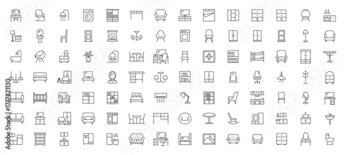 Furniture line icons. Home decor and architecture vector set. Related sofa, chair, table, bed, lamp, wardrobe, mirror, desk and more vector