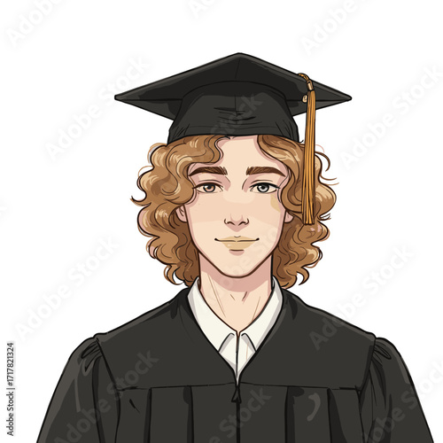 Graduation portrait of a young man with curly hair wearing a cap and gown

